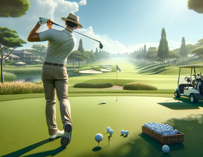 Golfspieler Abschlag auf Golfplatz
